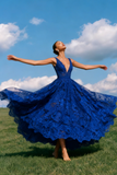 Blue Lace A-Line V-Neck Backless Long Prom Dress