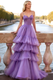 Lilac Tulle Tiered Spaghetti Straps Long Corset Prom Dress with Ruffles