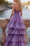 Lilac Tulle Tiered Spaghetti Straps Long Corset Prom Dress with Ruffles