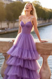 Lilac Tulle Tiered Spaghetti Straps Long Corset Prom Dress with Ruffles