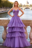 Lilac Tulle Tiered Spaghetti Straps Long Corset Prom Dress with Ruffles