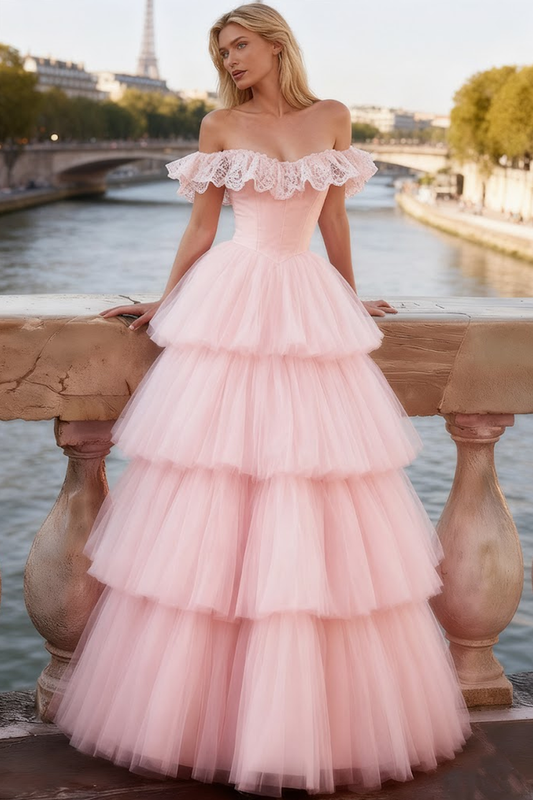 Light Pink Tiered Tulle Ruffled Long Corset Prom Dress with Lace