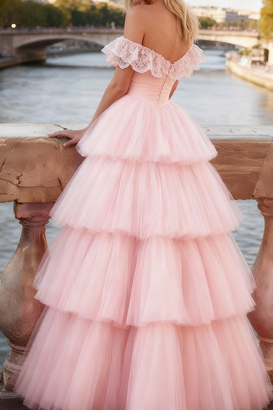 Light Pink Tiered Tulle Ruffled Long Corset Prom Dress with Lace