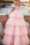 Light Pink Tiered Tulle Ruffled Long Corset Prom Dress with Lace