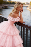 Light Pink Tiered Tulle Ruffled Long Corset Prom Dress with Lace