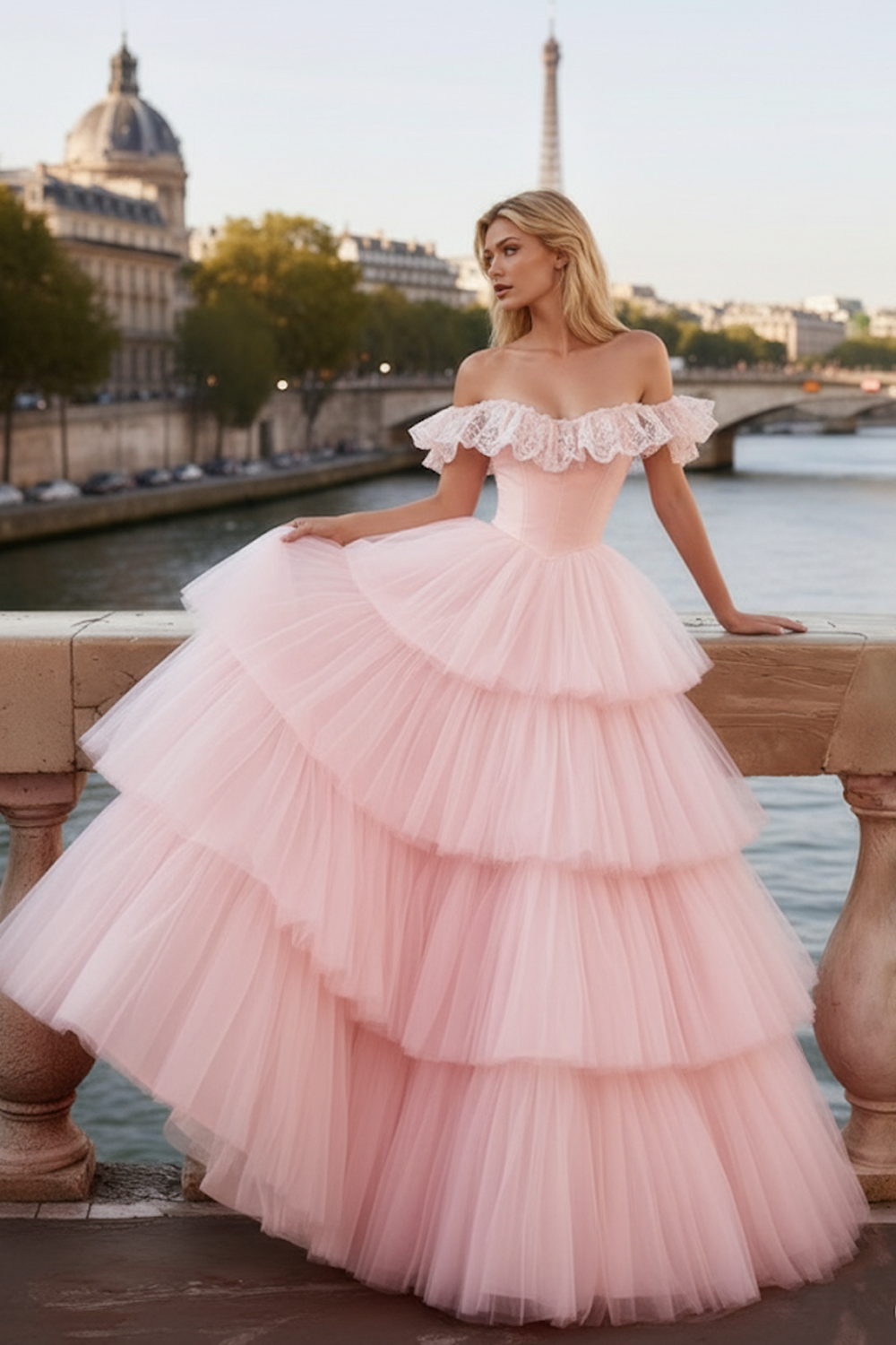 Light Pink Tiered Tulle Ruffled Long Corset Prom Dress with Lace