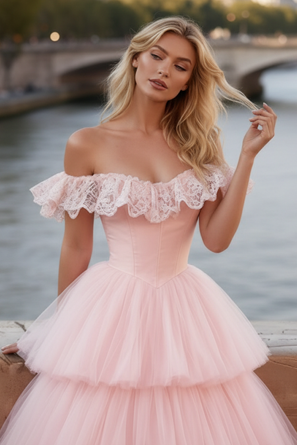 Light Pink Tiered Tulle Ruffled Long Corset Prom Dress with Lace
