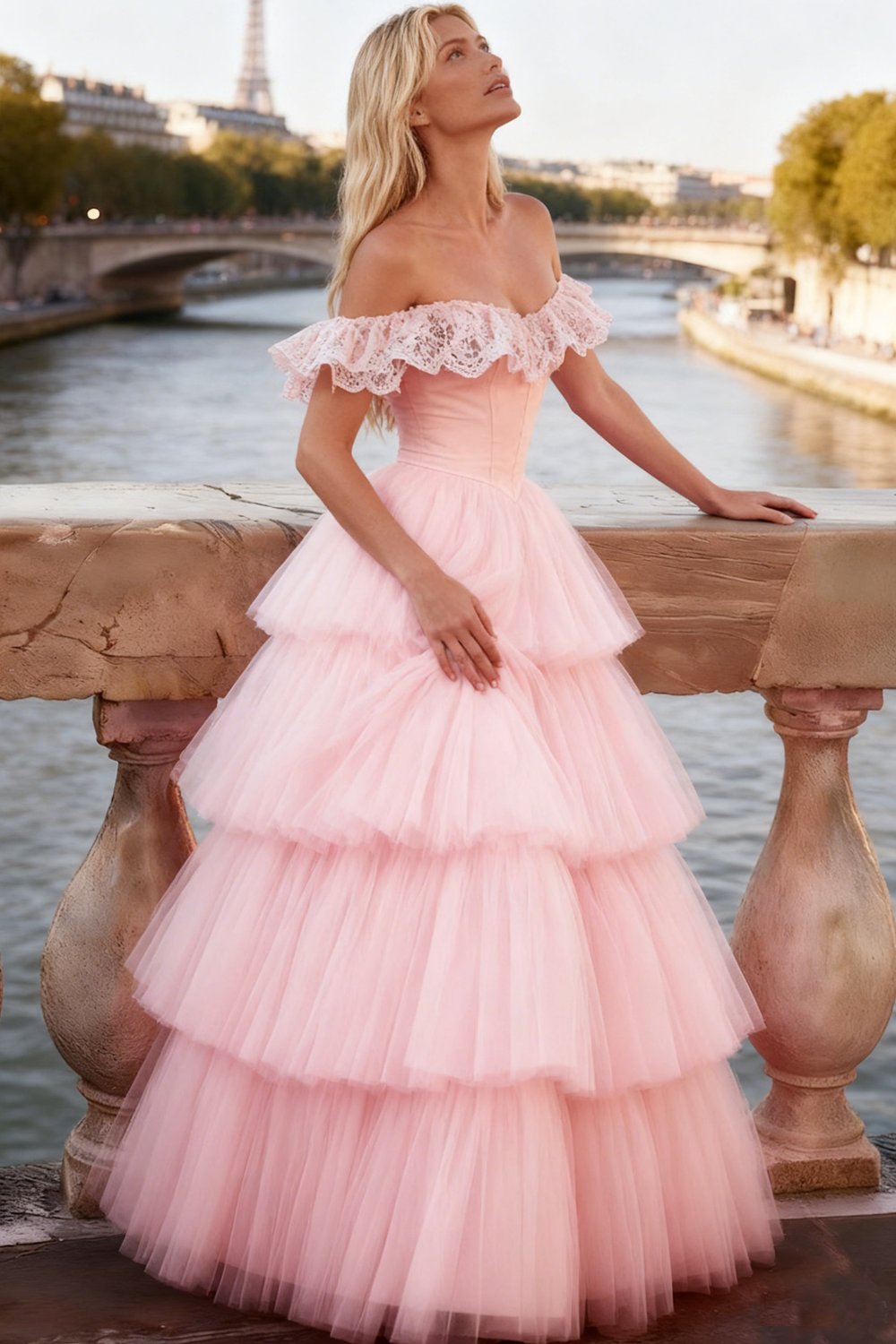 Light Pink Tiered Tulle Ruffled Long Corset Prom Dress with Lace