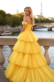 Yellow Tiered A-Line Ruffled Tulle Long Corset Prom Dress
