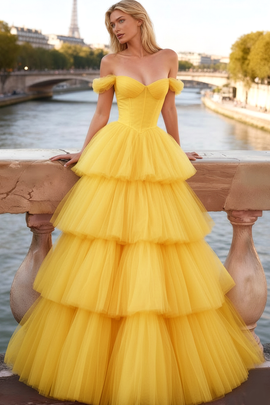 Yellow Tiered A-Line Ruffled Tulle Long Corset Prom Dress