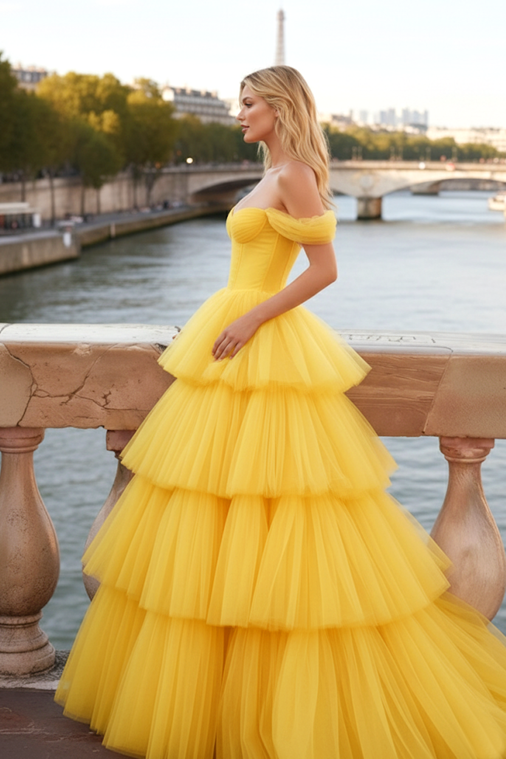 Zapakasa Women Yellow Tiered Tulle Long Corset Prom Dress Ruffled A