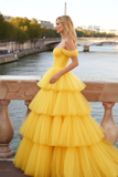 Yellow Tiered A-Line Ruffled Tulle Long Corset Prom Dress