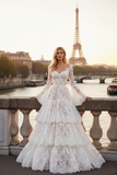 White Tiered Lace Long Corset Bridal Dress with Ruffles