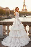White Tiered Lace Long Corset Bridal Dress with Ruffles