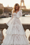 White Tiered Lace Long Corset Bridal Dress with Ruffles