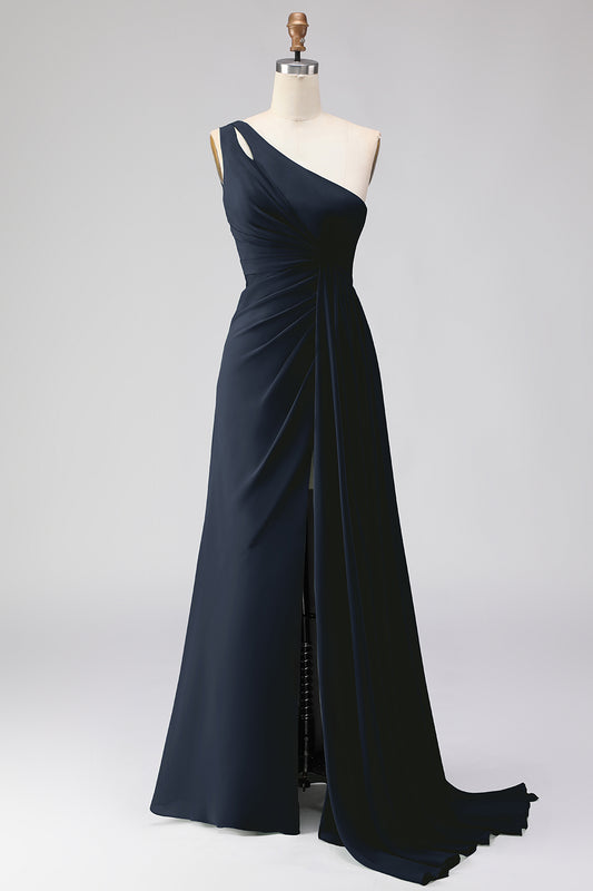 Navy One Shoulder A Line Ruched Long Bridesmaid Dress with Slit
