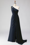 Navy One Shoulder A Line Ruched Long Bridesmaid Dress with Slit