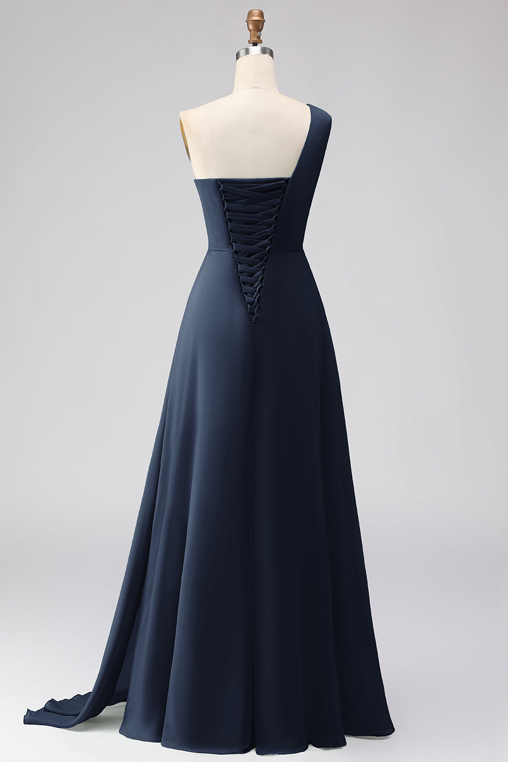 Navy One Shoulder A Line Ruched Long Bridesmaid Dress with Slit