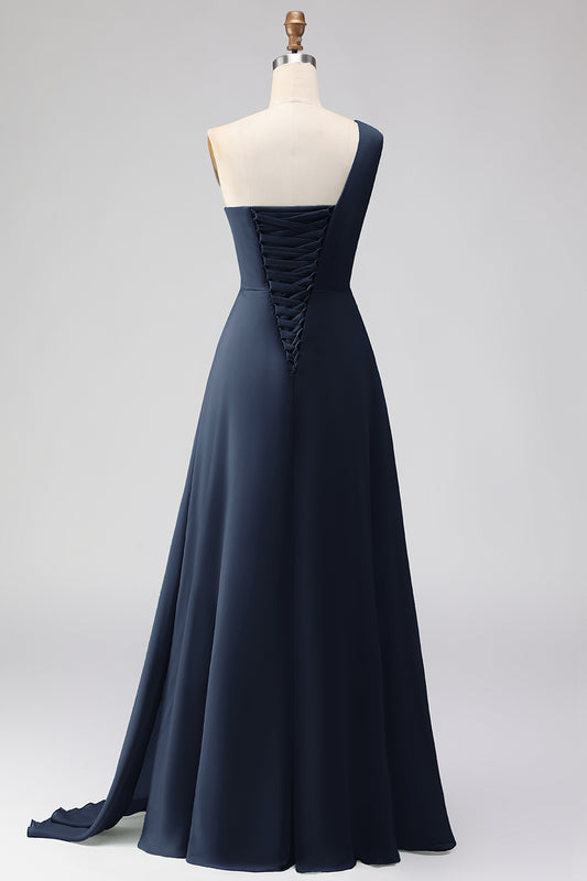 Navy One Shoulder A Line Ruched Long Bridesmaid Dress with Slit
