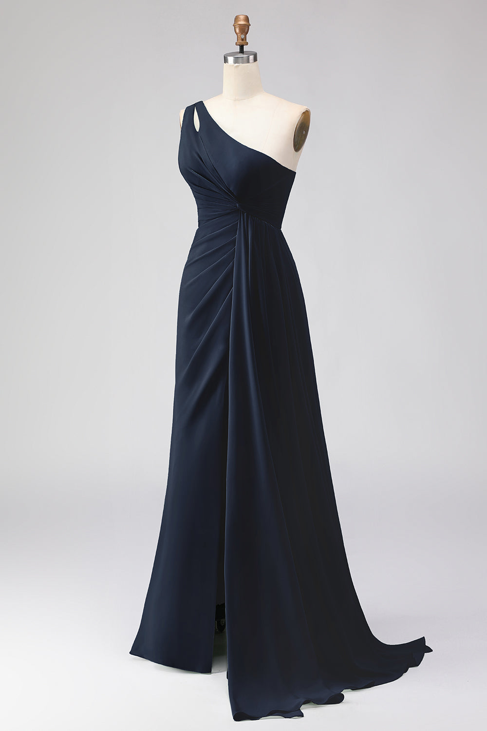 Navy One Shoulder A Line Ruched Long Bridesmaid Dress with Slit