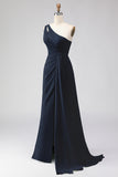 Navy One Shoulder A Line Ruched Long Bridesmaid Dress with Slit