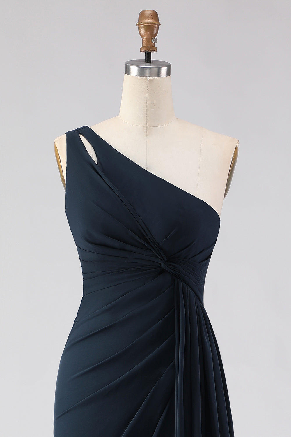 Navy One Shoulder A Line Ruched Long Bridesmaid Dress with Slit