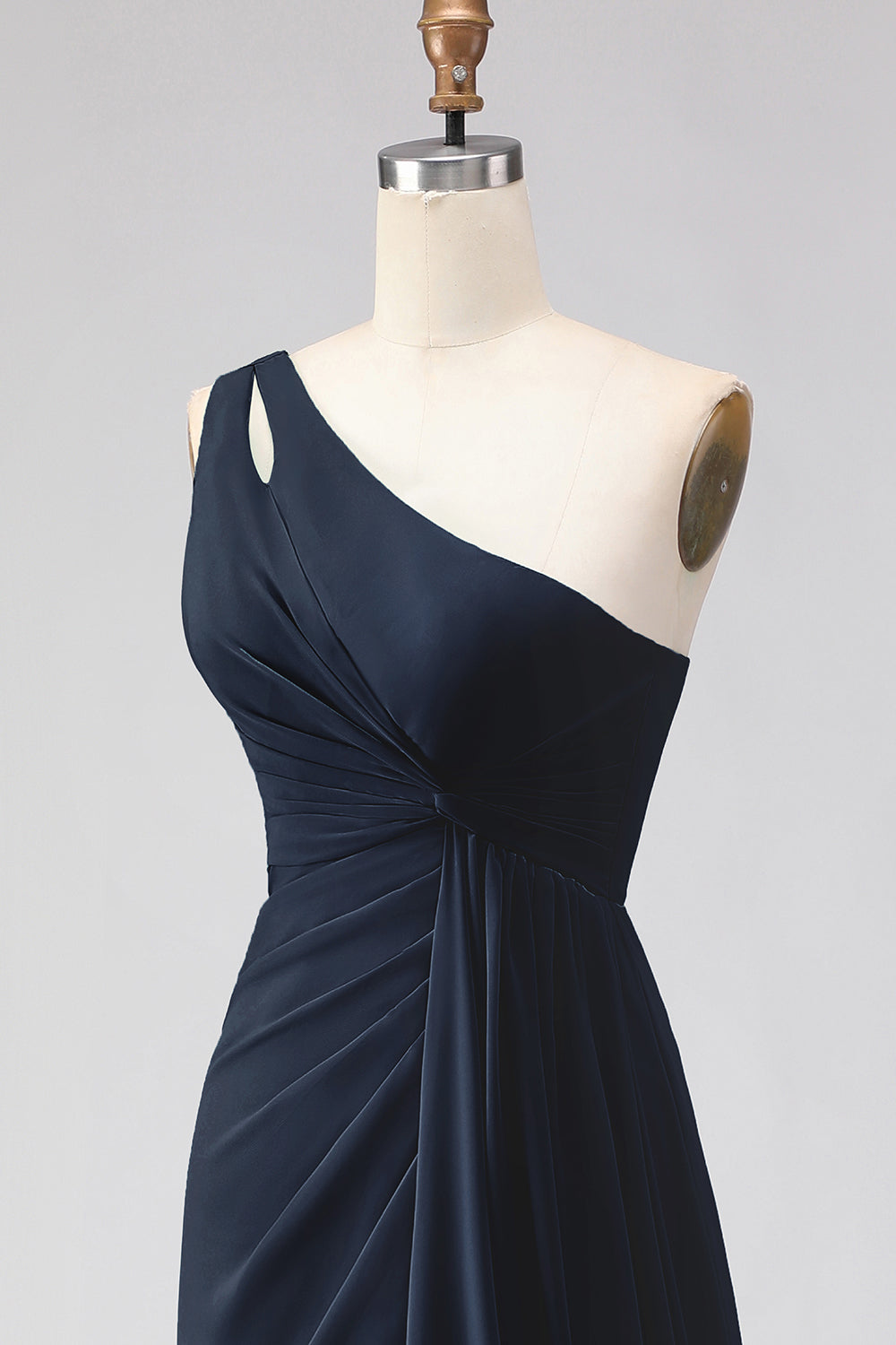 Navy One Shoulder A Line Ruched Long Bridesmaid Dress with Slit