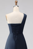 Navy One Shoulder A Line Ruched Long Bridesmaid Dress with Slit