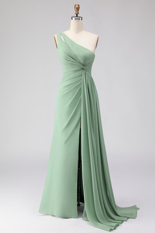 Sage Green Ruched One Shoulder Long Prom Dress with Slit