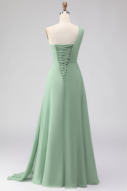 Sage Green Ruched One Shoulder Long Prom Dress with Slit