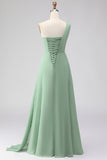 Sage Green Ruched One Shoulder Long Prom Dress with Slit