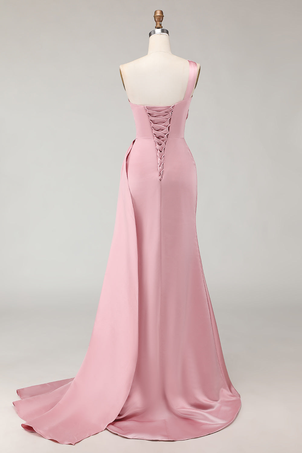 Blush Pink Sheath One Shoulder Ruched Long Corset Bridesmaid Dress with Side Cape