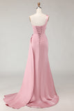 Blush Pink Sheath One Shoulder Ruched Long Corset Bridesmaid Dress with Side Cape