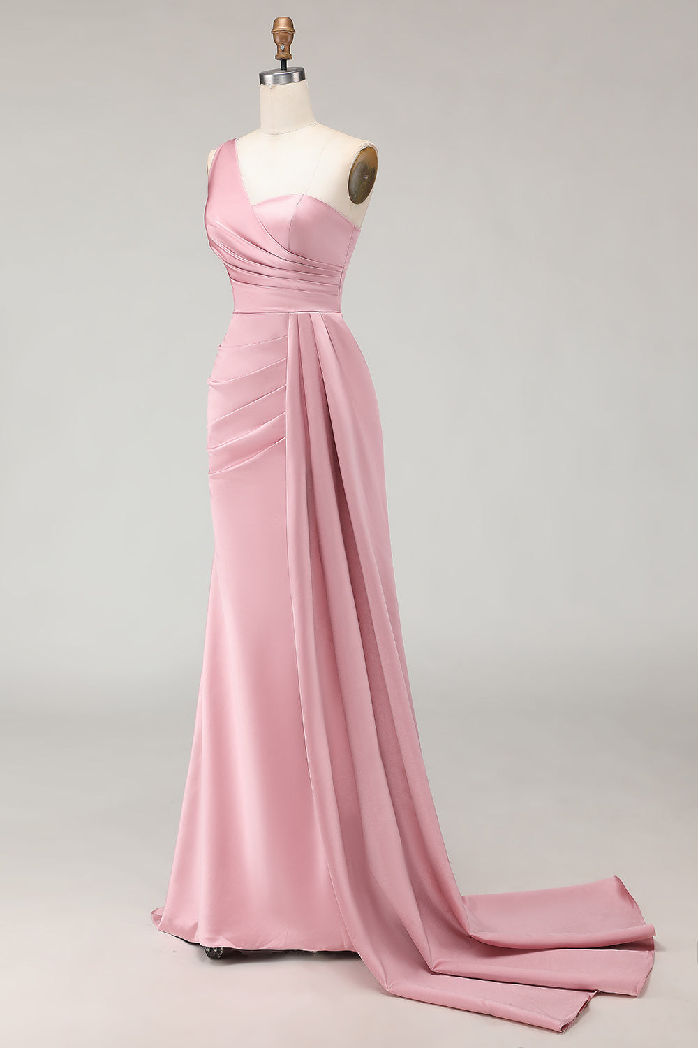 Blush Pink Sheath One Shoulder Ruched Long Corset Bridesmaid Dress with Side Cape