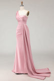 Blush Pink Sheath One Shoulder Ruched Long Corset Bridesmaid Dress with Side Cape