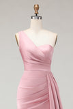 Blush Pink Sheath One Shoulder Ruched Long Corset Bridesmaid Dress with Side Cape