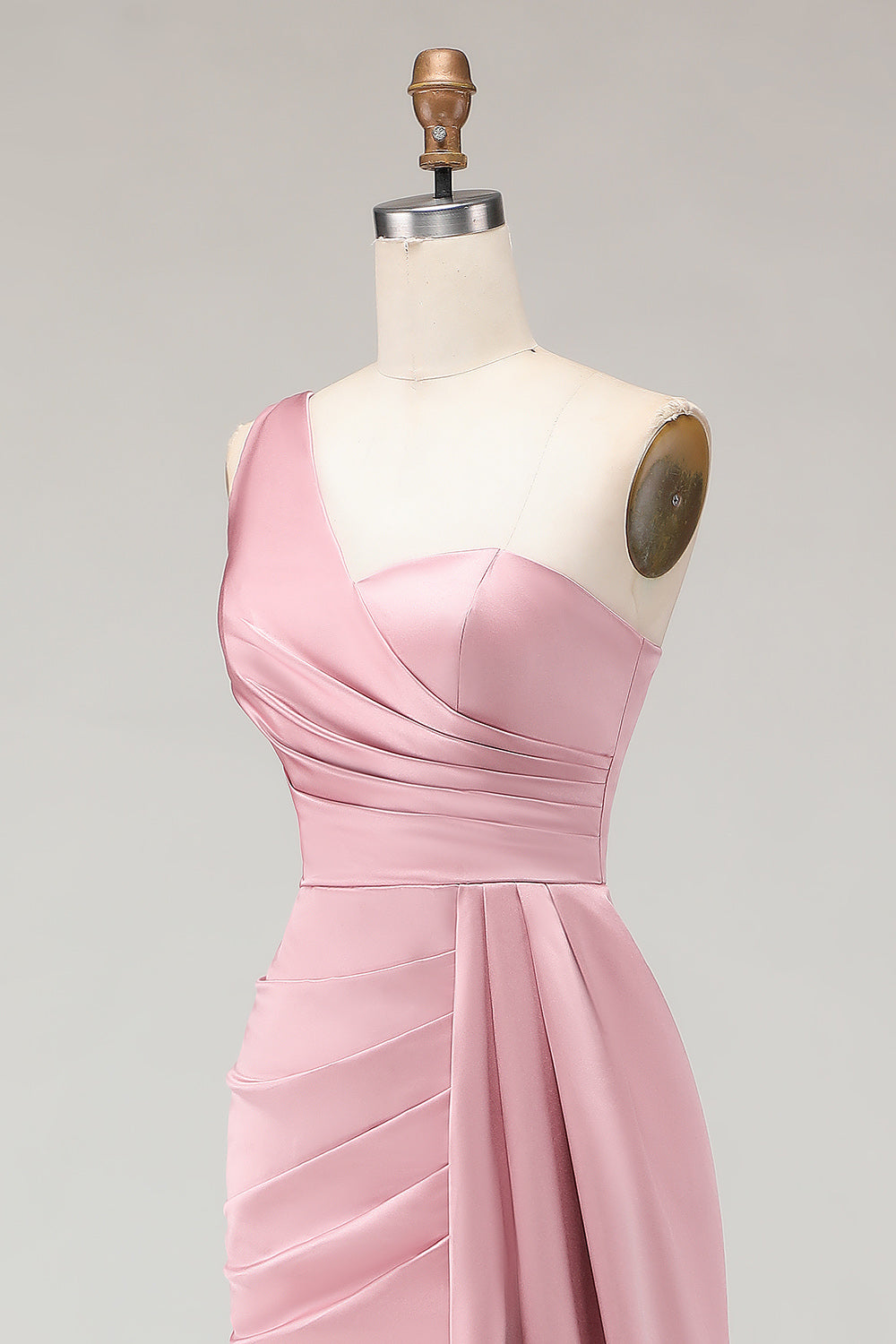 Blush Pink Sheath One Shoulder Ruched Long Corset Bridesmaid Dress with Side Cape