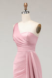 Blush Pink Sheath One Shoulder Ruched Long Corset Bridesmaid Dress with Side Cape