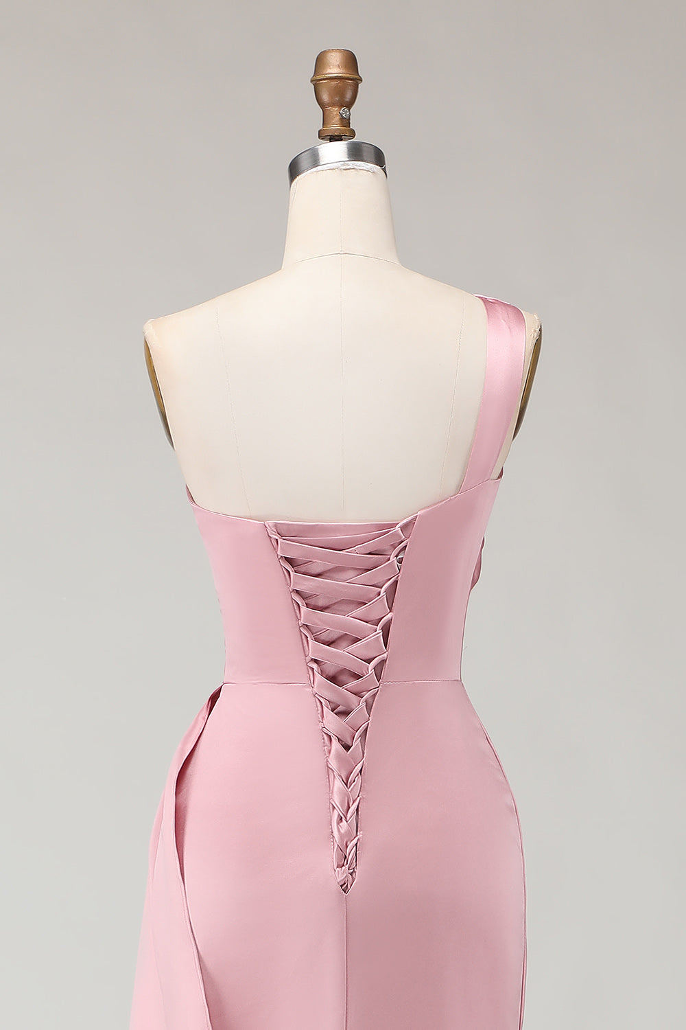 Blush Pink Sheath One Shoulder Ruched Long Corset Bridesmaid Dress with Side Cape
