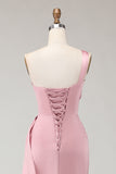 Blush Pink Sheath One Shoulder Ruched Long Corset Bridesmaid Dress with Side Cape