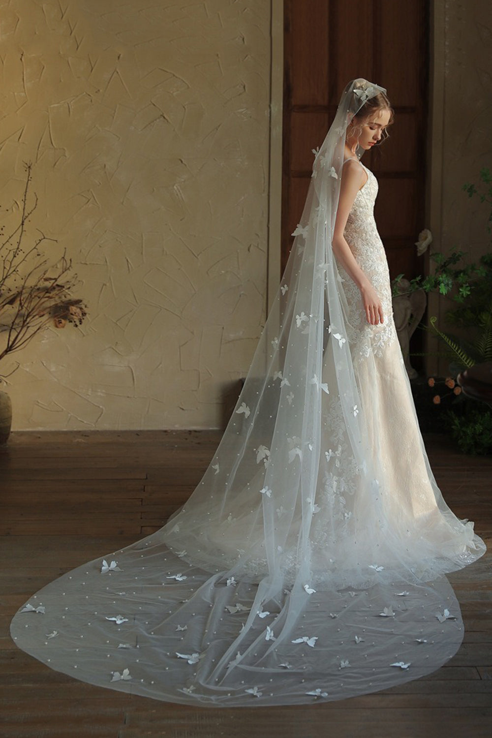 Ivory Tulle Long Wedding Veil with Butterflies