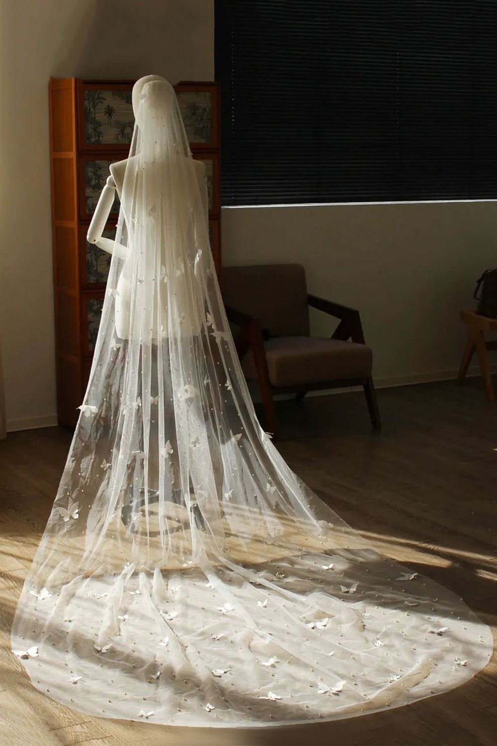 Ivory Tulle Long Wedding Veil with Butterflies