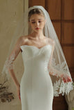 Ivory 1 Tier Floral Tulle Midi Wedding Veil with Appliques