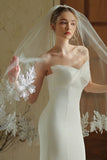 Ivory 1 Tier Floral Tulle Midi Wedding Veil with Appliques