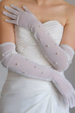 White Tulle Bridal Gloves with Pearls
