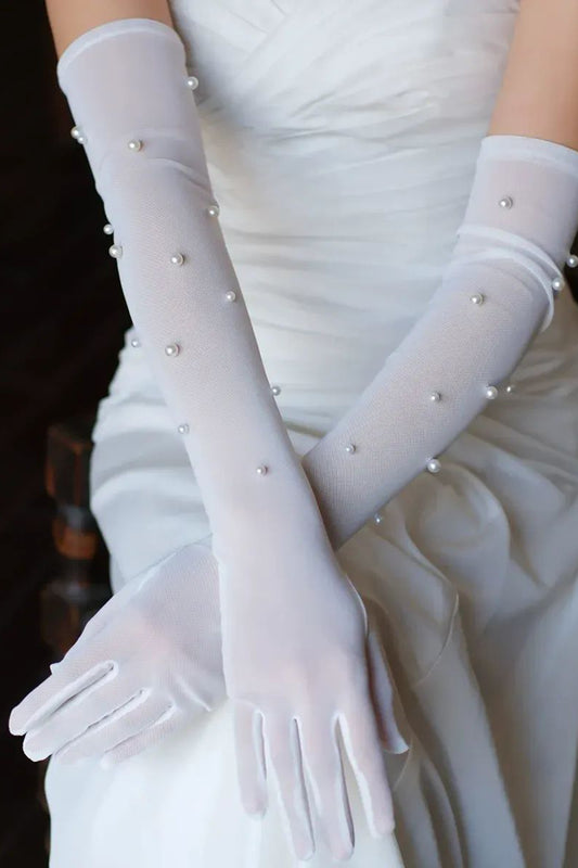 White Tulle Bridal Gloves with Pearls