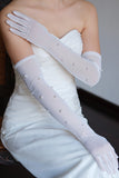 White Tulle Bridal Gloves with Pearls