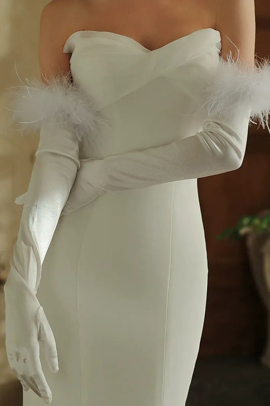 White Bridal Gloves with Feathers