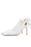 Ivory Lace Up Pointed Toe Stiletto Pump Bridal Heels