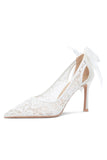 Ivory Lace Up Pointed Toe Stiletto Pump Bridal Heels